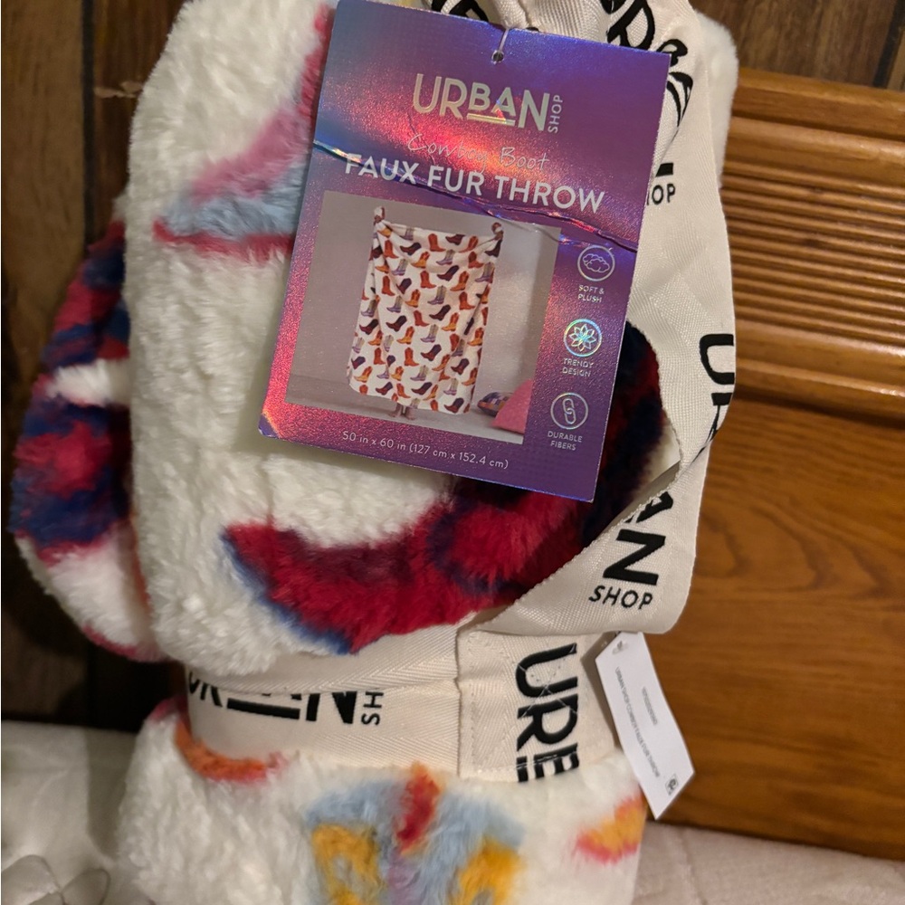 Urban Shop Cowboy Western Faux Fur Throw Multi color 50”X60” NWT